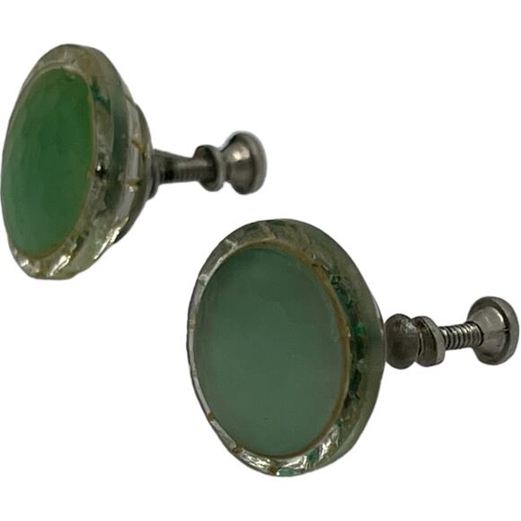 Vintage 1960s Mint Green Round Screw Back Earrings Art Deco Mid Century Mod - Picture 4 of 8